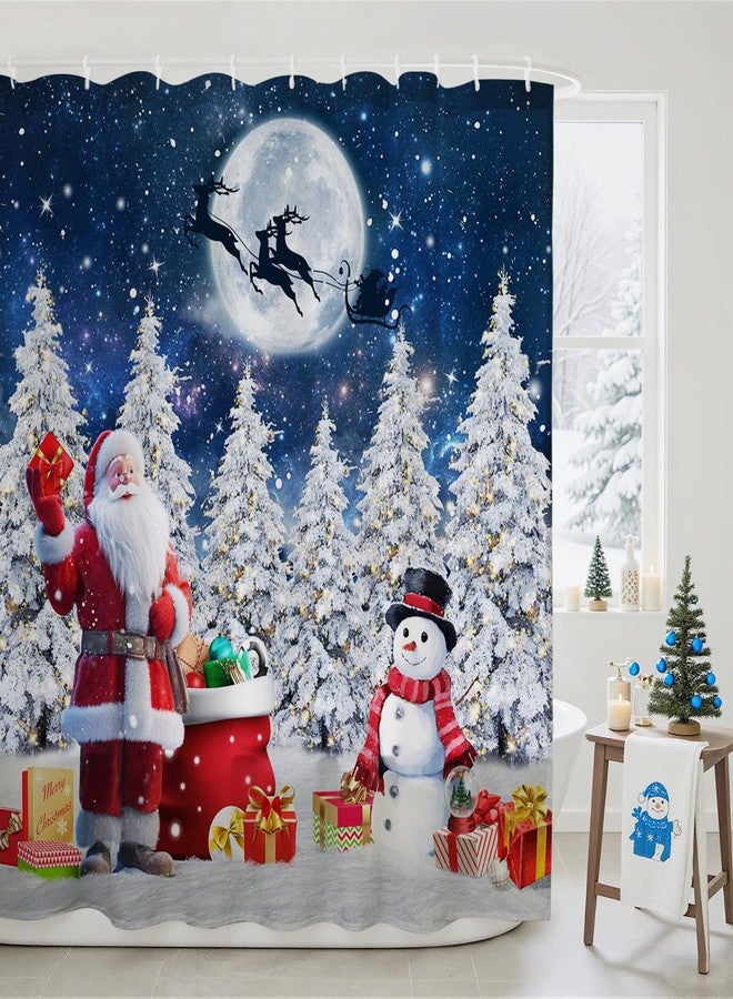 Mocsicka Christmas Shower Curtain Merry Christmas Bathroom Decor Blue Sky Pine Tree Snowman Winter Shower Curtains for Bathroom, Waterproof, Washable, with 12 Hooks (Blue, 71x71inch) - Image 1
