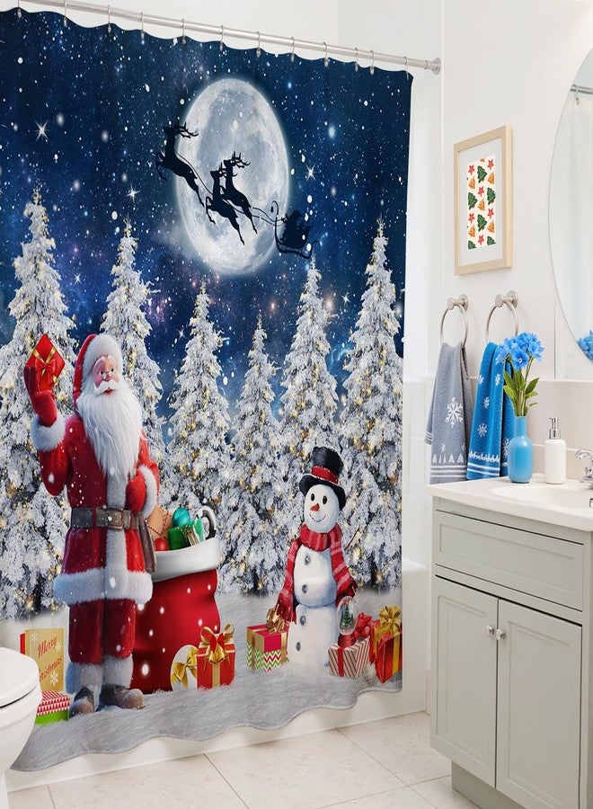 Mocsicka Christmas Shower Curtain Merry Christmas Bathroom Decor Blue Sky Pine Tree Snowman Winter Shower Curtains for Bathroom, Waterproof, Washable, with 12 Hooks (Blue, 71x71inch) - Image 5