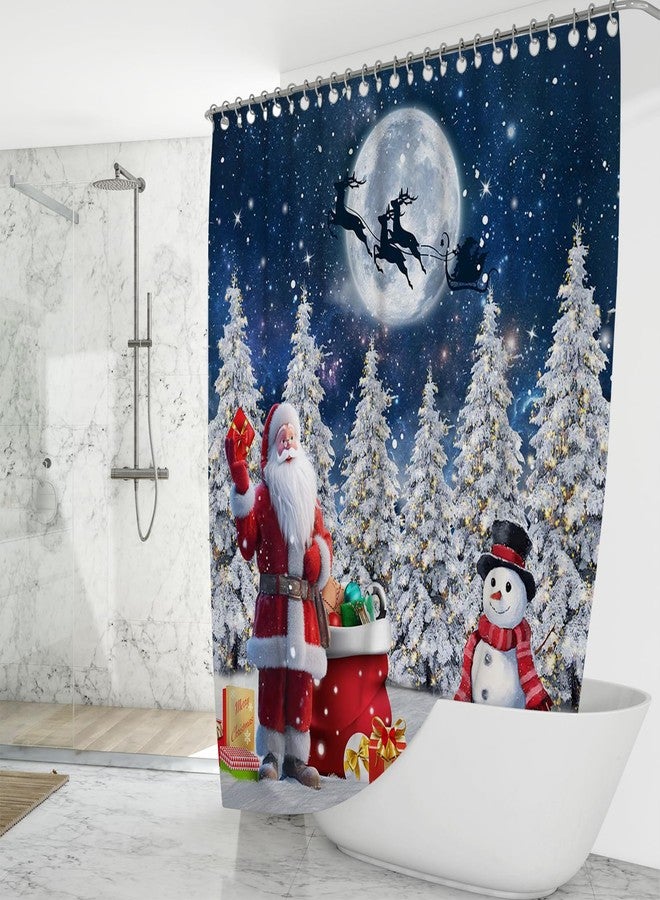 Mocsicka Christmas Shower Curtain Merry Christmas Bathroom Decor Blue Sky Pine Tree Snowman Winter Shower Curtains for Bathroom, Waterproof, Washable, with 12 Hooks (Blue, 71x71inch) - Image 2