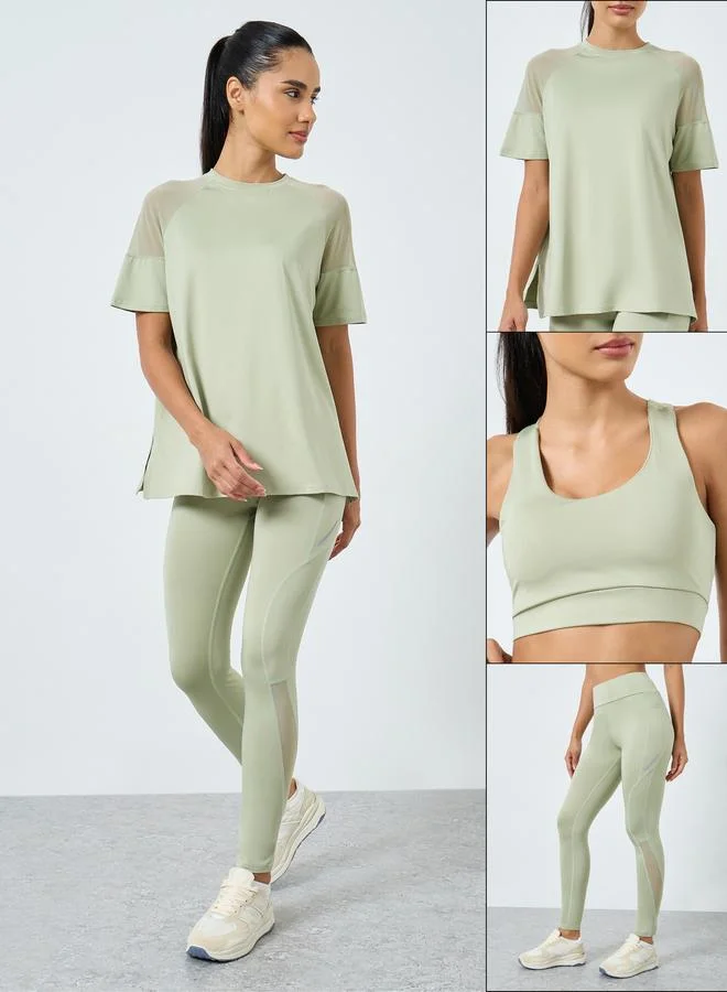 Styli Styli Pack of 3 - Shoulder Mesh Detail Top, Back Dual Tear Drop Sports Bra and Leggings