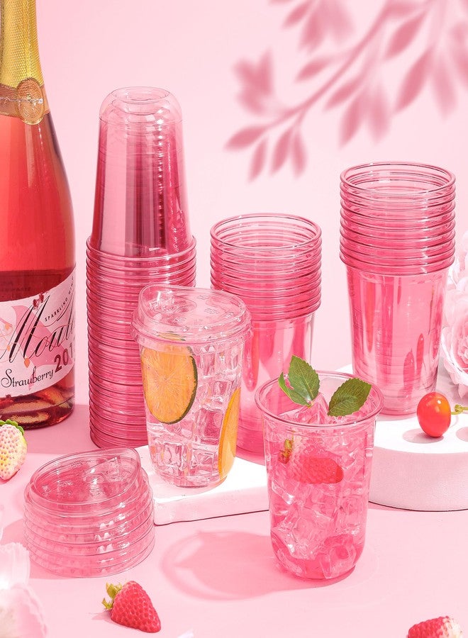 KesaPlan كيسا بلان عبوة 50 كوب بلاستيكي وردي سعة 12 أونصة مع أغطية للشرب، كوب قهوة مثلجة قابل للتخلص مع غطاء بدون مصاصة، أكواب بدون قاعدة دائرية للذهاب للمشروبات الباردة، سموذي، ميلك شيك، ليمونادة - Image 3