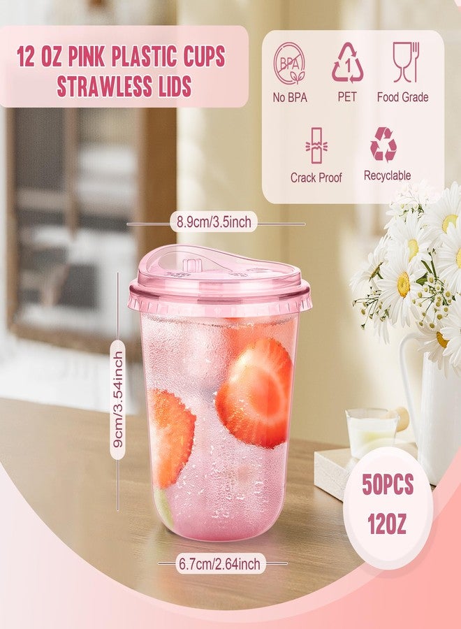 KesaPlan كيسا بلان عبوة 50 كوب بلاستيكي وردي سعة 12 أونصة مع أغطية للشرب، كوب قهوة مثلجة قابل للتخلص مع غطاء بدون مصاصة، أكواب بدون قاعدة دائرية للذهاب للمشروبات الباردة، سموذي، ميلك شيك، ليمونادة - Image 2