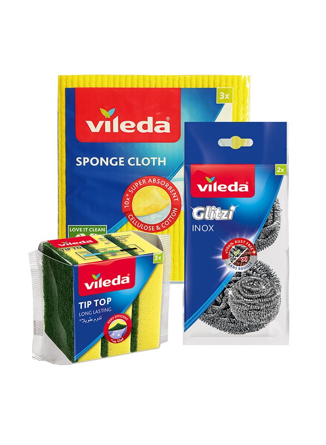 Vileda Sponge Cloth 3 Pcs  + Sponge Scourer 5 Pcs + Inox Scourer 2Pcs - Image 1