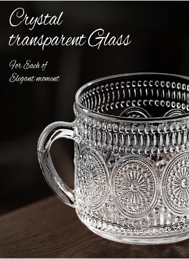 MCleanPin Vintage Glass Coffee Mugs Set,14oz Clear Embossed Tea Cups,Glassware Coffee Cups for Cappuccino,Latte,Cereal,Yogurt,Beverage Mothers Day Gift,Thanksgiving Gift