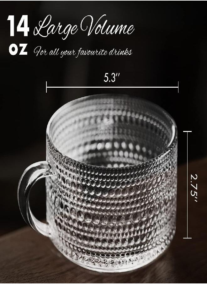 MCleanPin Vintage Glass Coffee Mugs Set,14oz Clear Embossed Tea Cups,Glassware Coffee Cups for Cappuccino,Latte,Cereal,Yogurt,Beverage Mothers Day Gift,Thanksgiving Gift