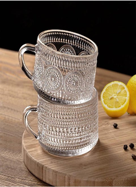 MCleanPin Vintage Glass Coffee Mugs Set,14oz Clear Embossed Tea Cups,Glassware Coffee Cups for Cappuccino,Latte,Cereal,Yogurt,Beverage Mothers Day Gift,Thanksgiving Gift