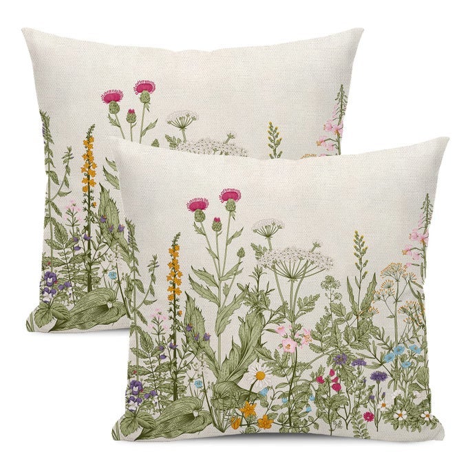SPRING FLORAL PILLOW COVERS 18 X 18 INCH SET OF 2 VINTAGE SAGE GREEN WILD FLOWERS DECOR THROW PILLOWS WILDFLOWER PLANT OUTDOOR FARMHOUSE DECORATIVE CUSHION CASES FOR COUCH BED SOFA DECORATION