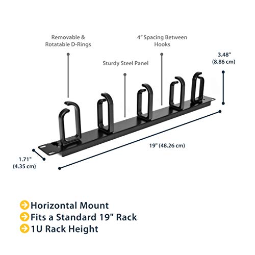 Startech.com StarTechcom 19 Server Rack Cable Management Panel w DRing Hooks 1U Horizontal or Vertical Wire and Cord Manager Metal TAA CABLMANAGER2 - Image 3