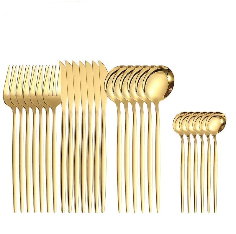 Iktu 24-Piece Stainless Steel Cutlery Set, Mirror Polished Tableware, Dishwasher Safe, Suitable for Housewarming Gift, Dining Table Decor (Gold-Rounded) - Image 2