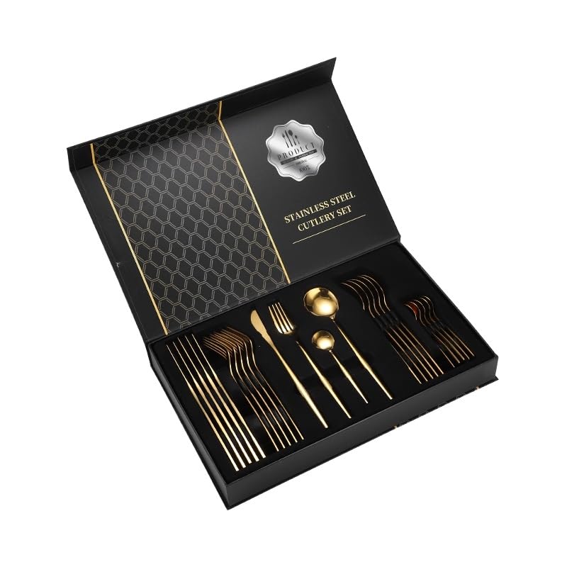 Iktu 24-Piece Stainless Steel Cutlery Set, Mirror Polished Tableware, Dishwasher Safe, Suitable for Housewarming Gift, Dining Table Decor (Gold-Rounded) - Image 1