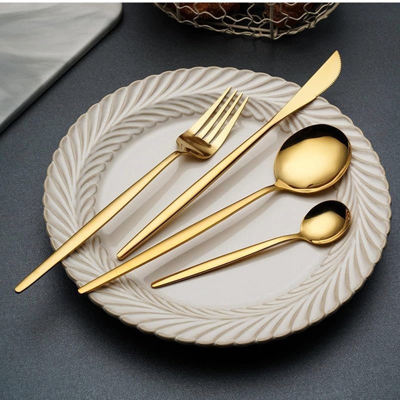Iktu 24-Piece Stainless Steel Cutlery Set, Mirror Polished Tableware, Dishwasher Safe, Suitable for Housewarming Gift, Dining Table Decor (Gold-Rounded) - Image 3