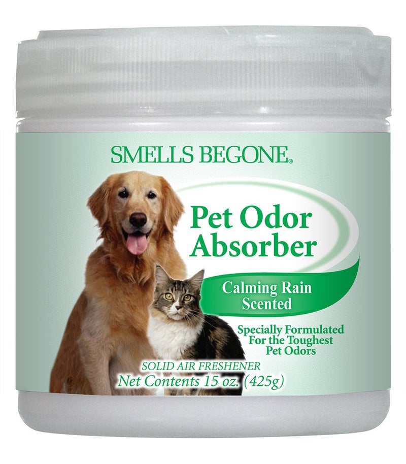 SMELLS BEGONE 15oz Gel Odor Eliminator Absorb Remove Tough Odors in Pet Areas Bathrooms Basements Garage Cars RVs Boats Eliminate Odors Quickly 1Pack Pet Calming Rain