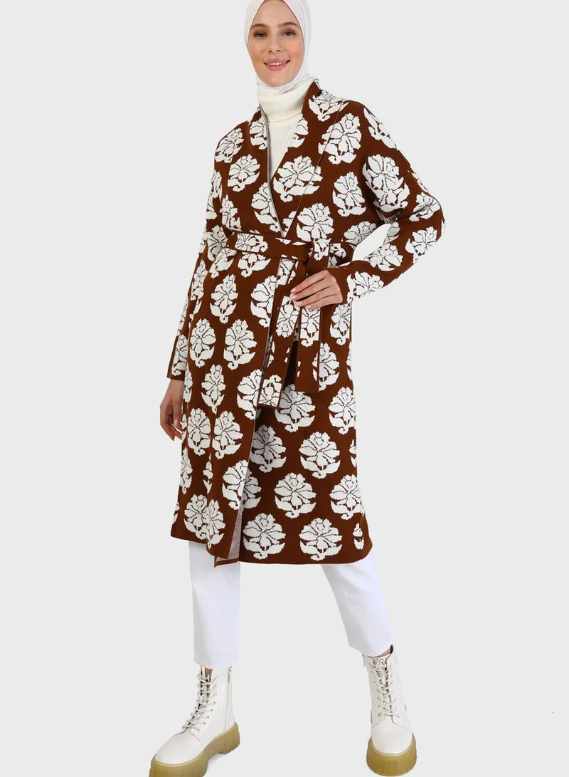 Refka by modanisa Floral Printed Tie Detail Cardigan
