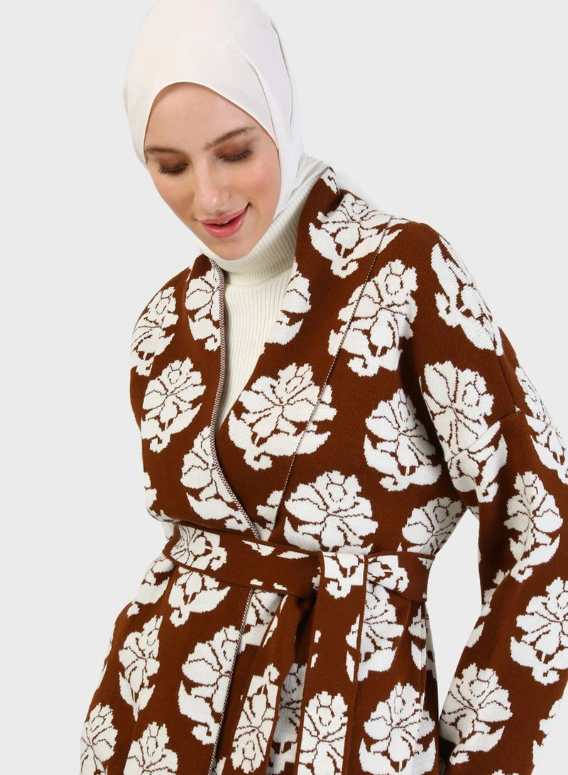 Refka by modanisa Floral Printed Tie Detail Cardigan