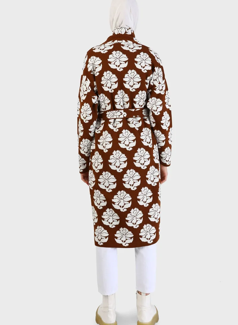 Refka by modanisa Floral Printed Tie Detail Cardigan