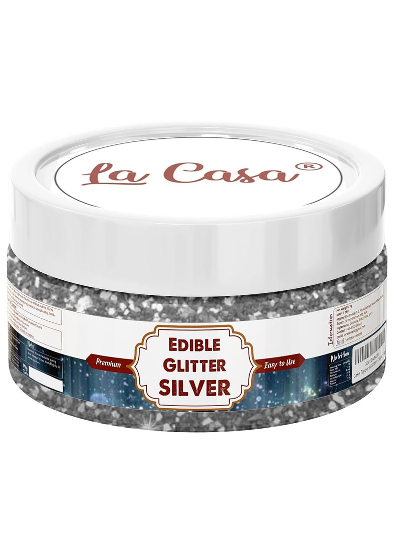 La Casa Premium Edible Glitter - Silver | Metallic Glitter Ideal for Cake Icing Decoration & Garnishing | 9gm | - Image 1
