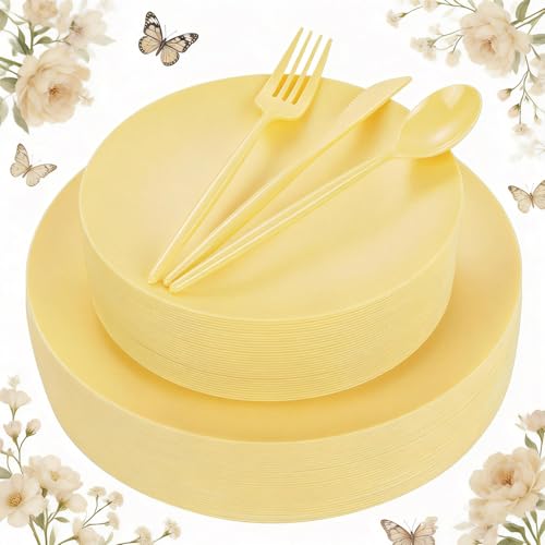 ejonirinjonir EI 150pcs Yellow Plastic Plates,Heavy Duty Bright Disposable Plate,Fancy Plastic Plates for Party,Yellow Dishes for Wedding,Easter,Afternoon Tea Party,Spring - Image 1