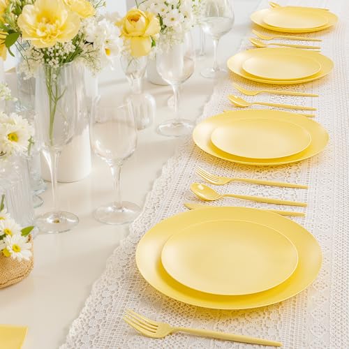 ejonirinjonir EI 150pcs Yellow Plastic Plates,Heavy Duty Bright Disposable Plate,Fancy Plastic Plates for Party,Yellow Dishes for Wedding,Easter,Afternoon Tea Party,Spring - Image 3