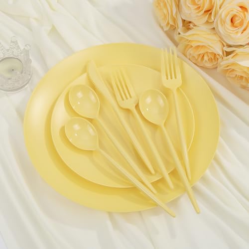 ejonirinjonir EI 150pcs Yellow Plastic Plates,Heavy Duty Bright Disposable Plate,Fancy Plastic Plates for Party,Yellow Dishes for Wedding,Easter,Afternoon Tea Party,Spring - Image 4