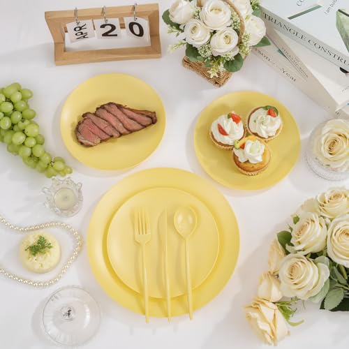 ejonirinjonir EI 150pcs Yellow Plastic Plates,Heavy Duty Bright Disposable Plate,Fancy Plastic Plates for Party,Yellow Dishes for Wedding,Easter,Afternoon Tea Party,Spring - Image 2