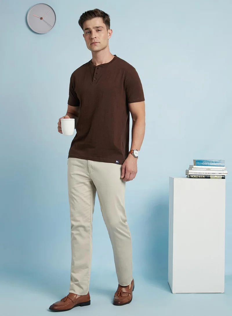 Dennis Lingo Men's Brown 100% Cotton Solid Regular Fit T-Shirt