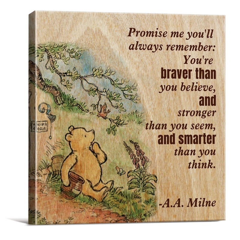 Dolimifa Winnie the Pooh Wall Art Decor Remember You're Braver Than You Believe Quote Canvas Painting Pictures Framed Canvas Print Sign Artwork Ready to Hang for Home Nursery (8x8 Inch) - Image 1