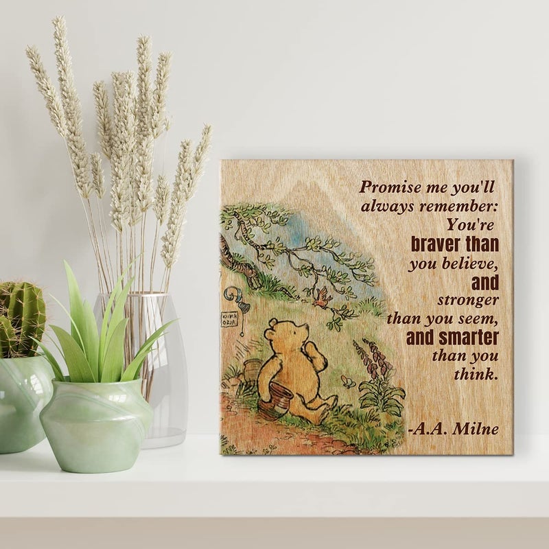 Dolimifa Winnie the Pooh Wall Art Decor Remember You're Braver Than You Believe Quote Canvas Painting Pictures Framed Canvas Print Sign Artwork Ready to Hang for Home Nursery (8x8 Inch) - Image 4