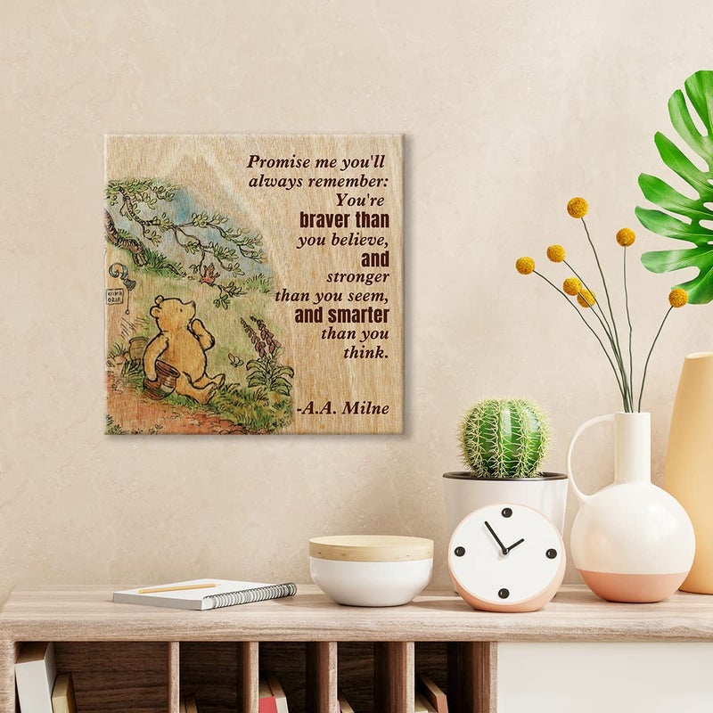 Dolimifa Winnie the Pooh Wall Art Decor Remember You're Braver Than You Believe Quote Canvas Painting Pictures Framed Canvas Print Sign Artwork Ready to Hang for Home Nursery (8x8 Inch) - Image 2