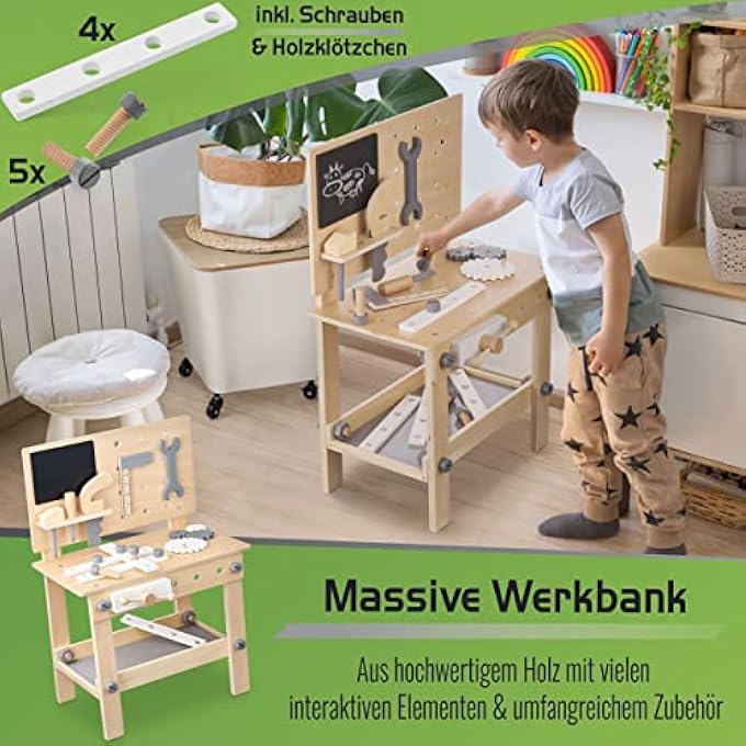 WORKBENCH CHILDREN'S WOODEN WORKSHOP WITH CHILDREN'S TOOLS, SAW, ANGLE, SCREWDRIVER, GEARS, VICE, BOARD, ACCESSORIES, WOODEN TOY FROM 3 YEARS - Image 4