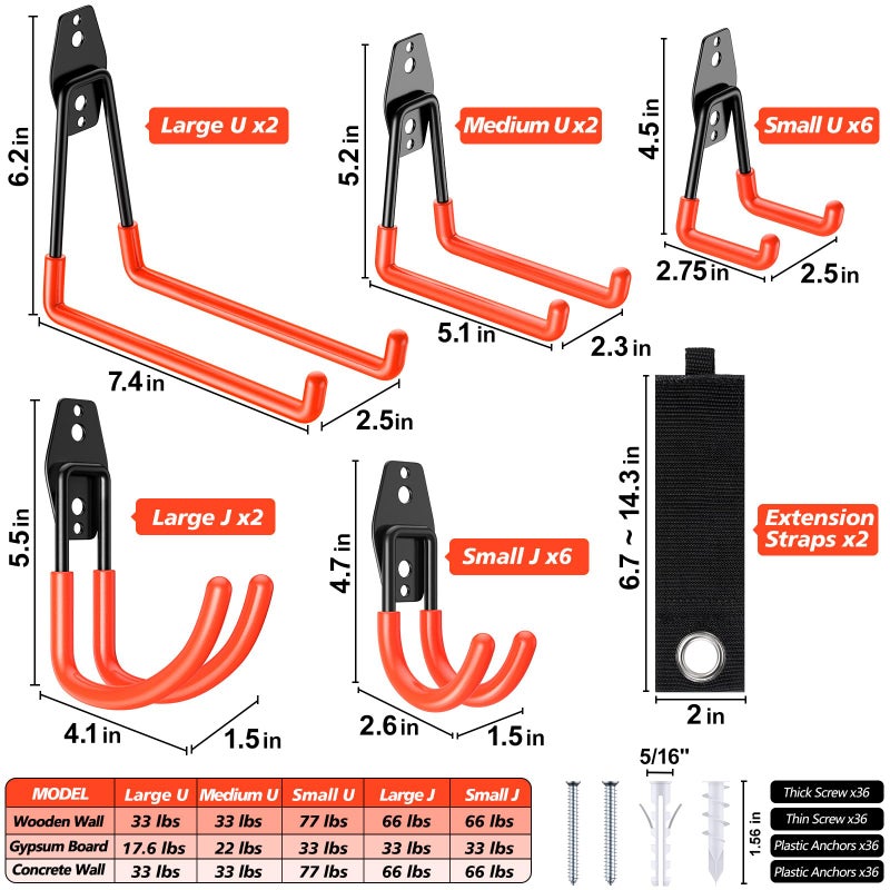 MIKRUI 20 Pack Heavy Duty Garage Hooks,Solid Steel Wall Mount Hangers,with Anti-Slip Coating,for Hanging and Organising Ladder,Bike,Ropes,Broom,Garden,Yard and Power Tools - Image 2