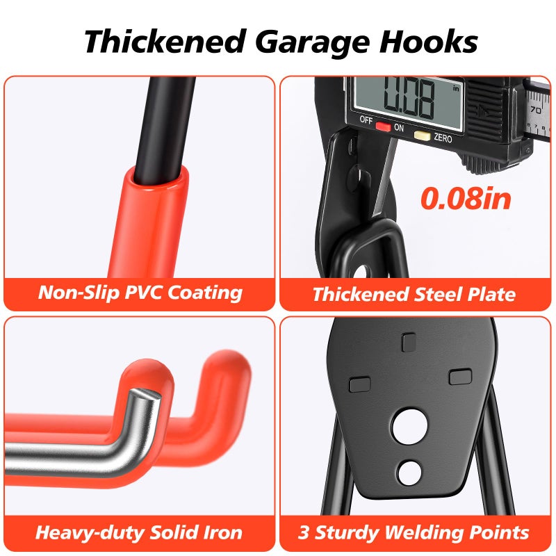 MIKRUI 20 Pack Heavy Duty Garage Hooks,Solid Steel Wall Mount Hangers,with Anti-Slip Coating,for Hanging and Organising Ladder,Bike,Ropes,Broom,Garden,Yard and Power Tools - Image 3