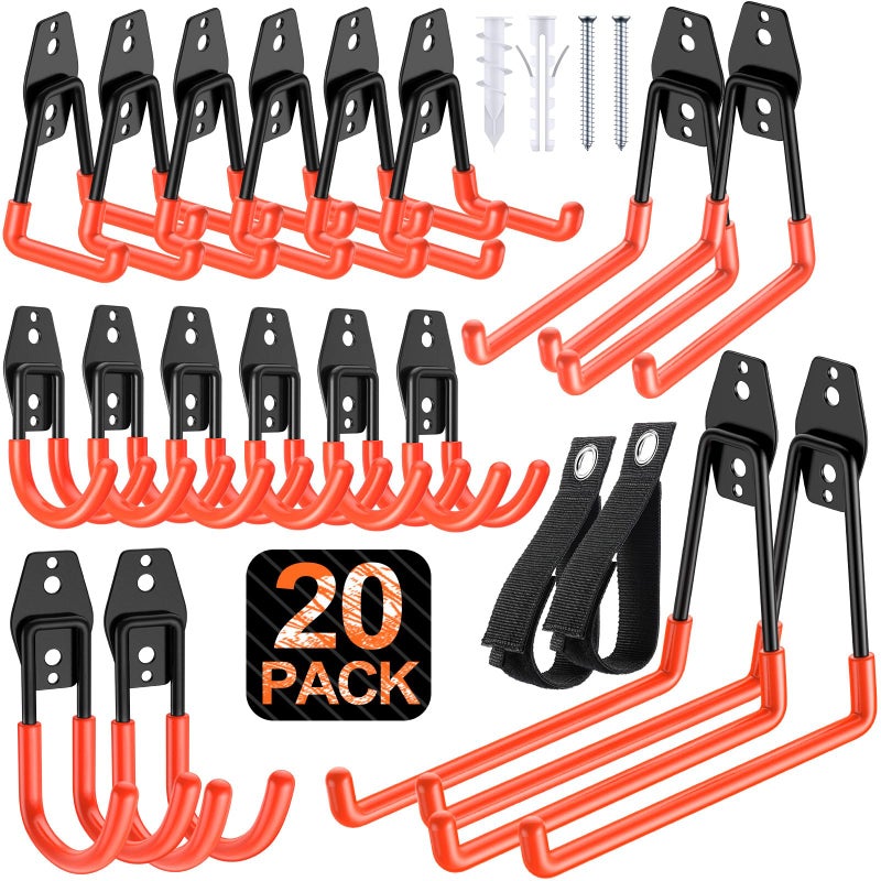 MIKRUI 20 Pack Heavy Duty Garage Hooks,Solid Steel Wall Mount Hangers,with Anti-Slip Coating,for Hanging and Organising Ladder,Bike,Ropes,Broom,Garden,Yard and Power Tools - Image 1