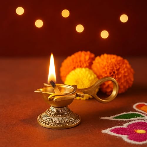 Indian-Shelf Handmade Lotus Shape Religious Pital Diya for Ceremonies God Idols Deepak Awards Pooja Unique Brass Oil Lamps Decorative (9 Cm) - Image 5