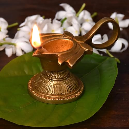 Indian-Shelf Handmade Lotus Shape Religious Pital Diya for Ceremonies God Idols Deepak Awards Pooja Unique Brass Oil Lamps Decorative (9 Cm) - Image 1