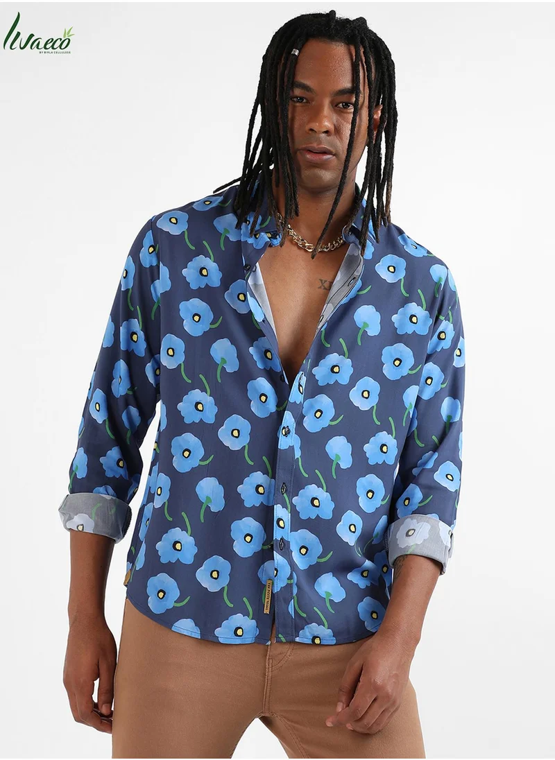 Campus Sutra Campus Sutra Men's Indigo Blue Flora Block Shirt For Casual Wear | Made With Eco-Liva Fabric | Spread Collar | Long Sleeve | Button Closure | Rayon Shirt Crafted With Comfort Fit For Everyday Wear
