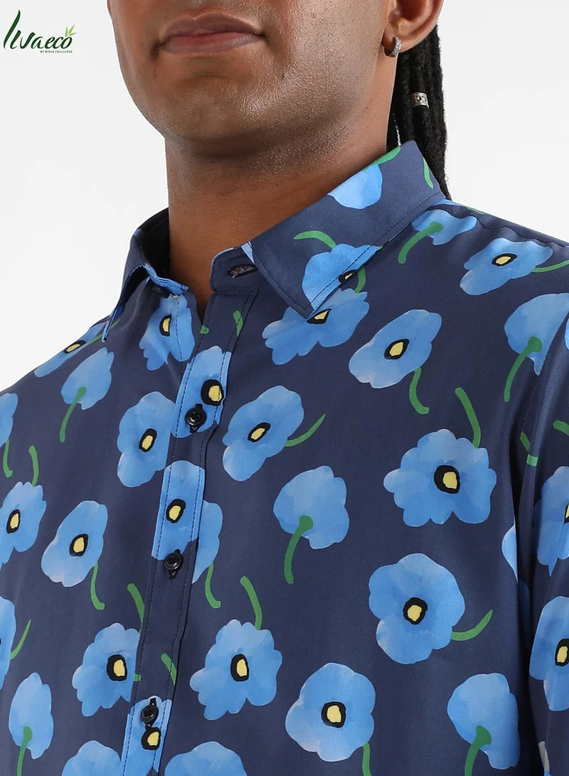Campus Sutra Campus Sutra Men's Indigo Blue Flora Block Shirt For Casual Wear | Made With Eco-Liva Fabric | Spread Collar | Long Sleeve | Button Closure | Rayon Shirt Crafted With Comfort Fit For Everyday Wear