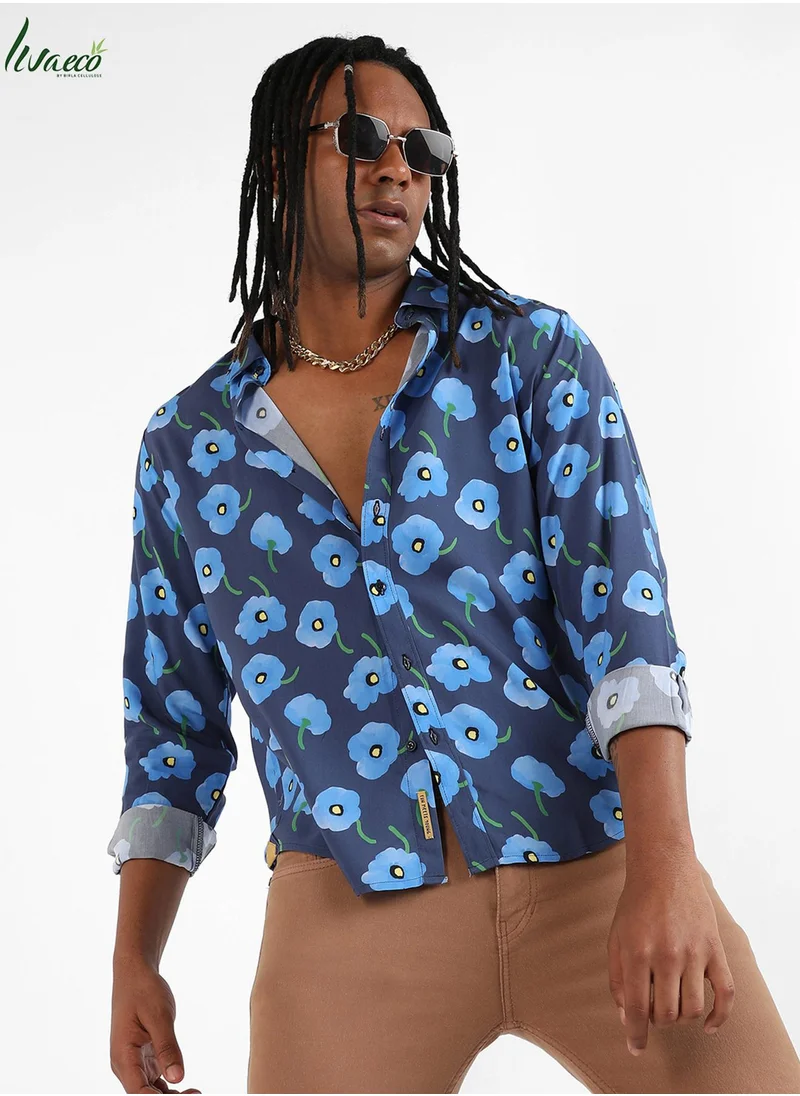 Campus Sutra Campus Sutra Men's Indigo Blue Flora Block Shirt For Casual Wear | Made With Eco-Liva Fabric | Spread Collar | Long Sleeve | Button Closure | Rayon Shirt Crafted With Comfort Fit For Everyday Wear