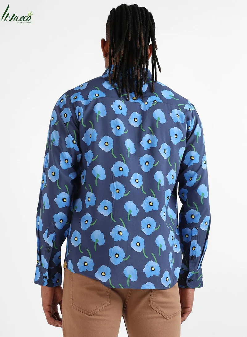 Campus Sutra Campus Sutra Men's Indigo Blue Flora Block Shirt For Casual Wear | Made With Eco-Liva Fabric | Spread Collar | Long Sleeve | Button Closure | Rayon Shirt Crafted With Comfort Fit For Everyday Wear