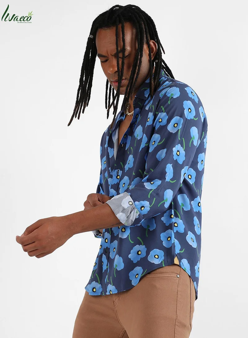 Campus Sutra Campus Sutra Men's Indigo Blue Flora Block Shirt For Casual Wear | Made With Eco-Liva Fabric | Spread Collar | Long Sleeve | Button Closure | Rayon Shirt Crafted With Comfort Fit For Everyday Wear