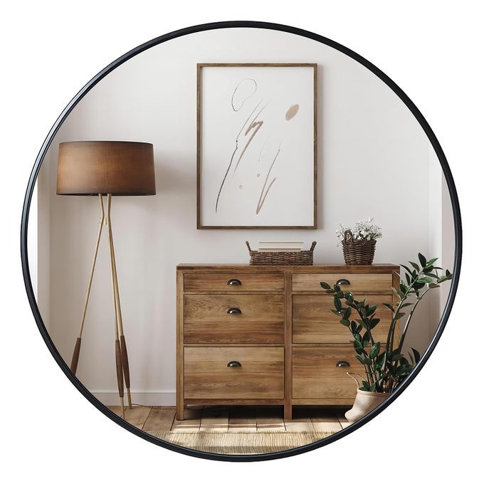 BLACK ROUND MIRROR 24 INCH WALL MOUNTED CIRCLE MIRROR METAL FRAMED MIRROR FOR BATHROOM VANITY BEDROOM HOME DECOR MIRROS