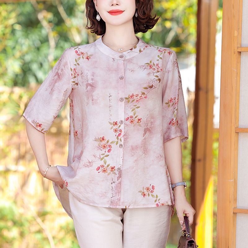 Summer Mom Fashion Pants Set Women'S Guofeng Printed Shirt Middle-Aged And Elderly Loose All-Match Middle-Sleeve Small Shirt Two-Piece Set - Image 4