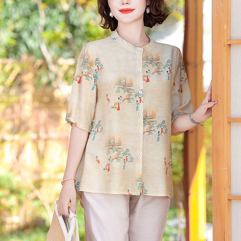 Summer Mom Fashion Pants Set Women'S Guofeng Printed Shirt Middle-Aged And Elderly Loose All-Match Middle-Sleeve Small Shirt Two-Piece Set - Image 3