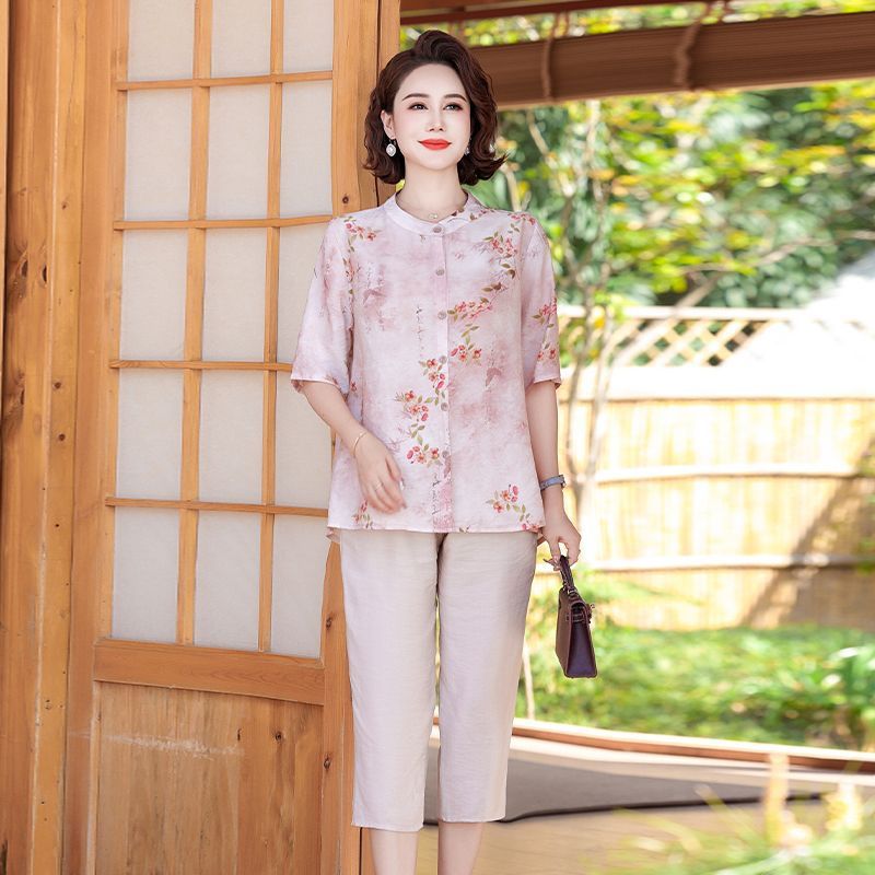 Summer Mom Fashion Pants Set Women'S Guofeng Printed Shirt Middle-Aged And Elderly Loose All-Match Middle-Sleeve Small Shirt Two-Piece Set - Image 1
