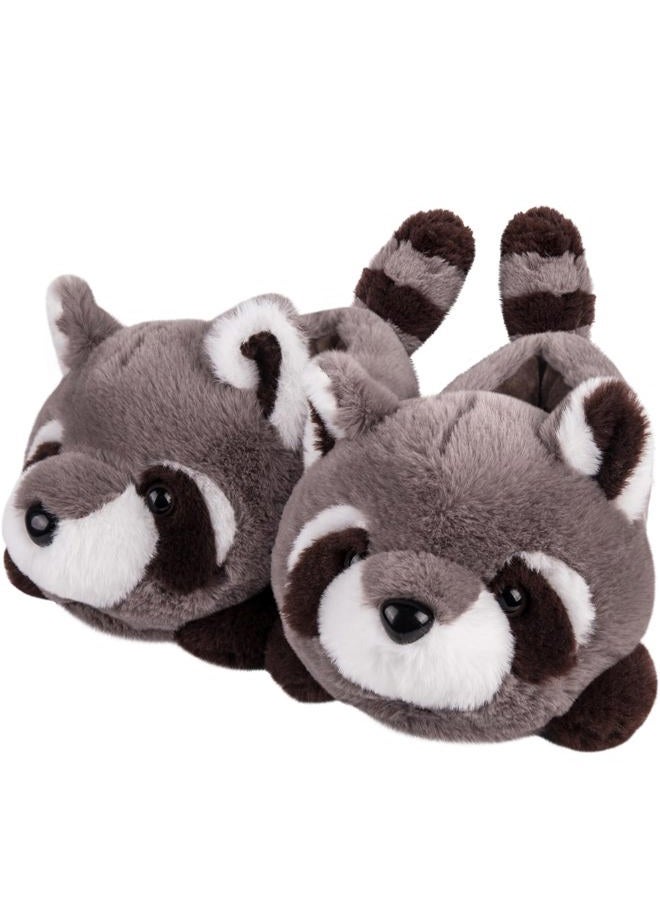 ARELUX Women's Slippers Cute Wild Animal Fuzzy Plush Funny Slippers Novelty Fox Raccoon Red Panda Sloth Hedgehog Squirrel Koala Cozy Soft Winter Warm House Shoes for Indoor/Outdoor, Grey Raccoon, 5-8 - Image 1