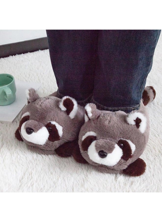ARELUX Women's Slippers Cute Wild Animal Fuzzy Plush Funny Slippers Novelty Fox Raccoon Red Panda Sloth Hedgehog Squirrel Koala Cozy Soft Winter Warm House Shoes for Indoor/Outdoor, Grey Raccoon, 5-8 - Image 2