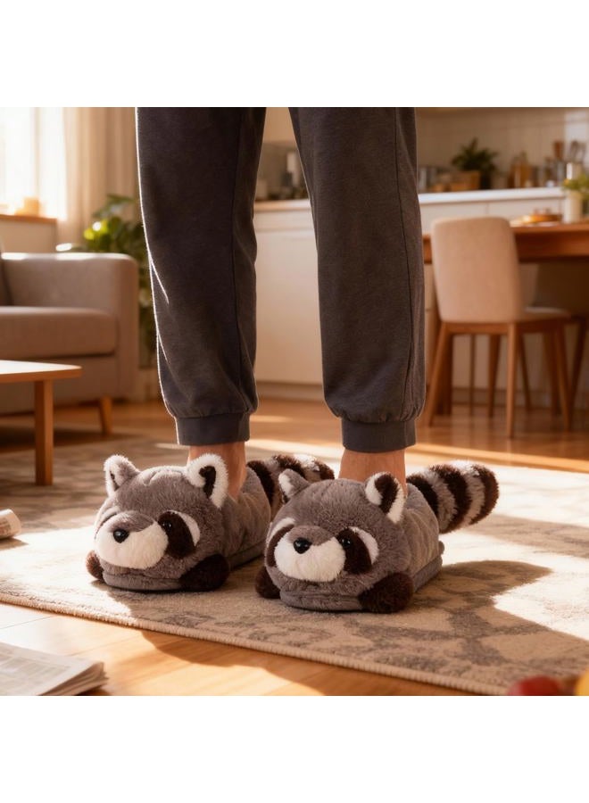 ARELUX Women's Slippers Cute Wild Animal Fuzzy Plush Funny Slippers Novelty Fox Raccoon Red Panda Sloth Hedgehog Squirrel Koala Cozy Soft Winter Warm House Shoes for Indoor/Outdoor, Grey Raccoon, 5-8 - Image 3