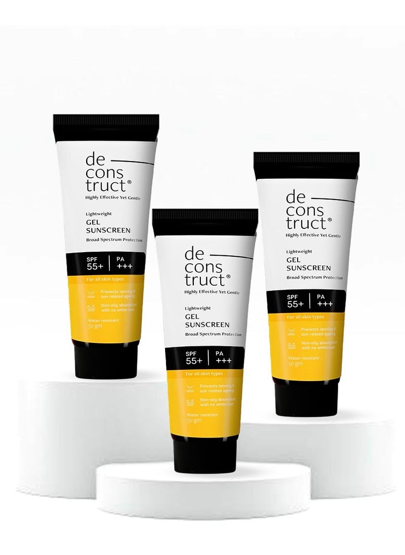 Deconstruct Deconstruct Face Gel Sunscreen SPF 50 + and PA+++ | Gel based sunscreen for oily, combination, acne prone & normal skin| Broad spectrum sunscreen, No White Cast, Lightweight - 50g each, pack of 3  - Image 1