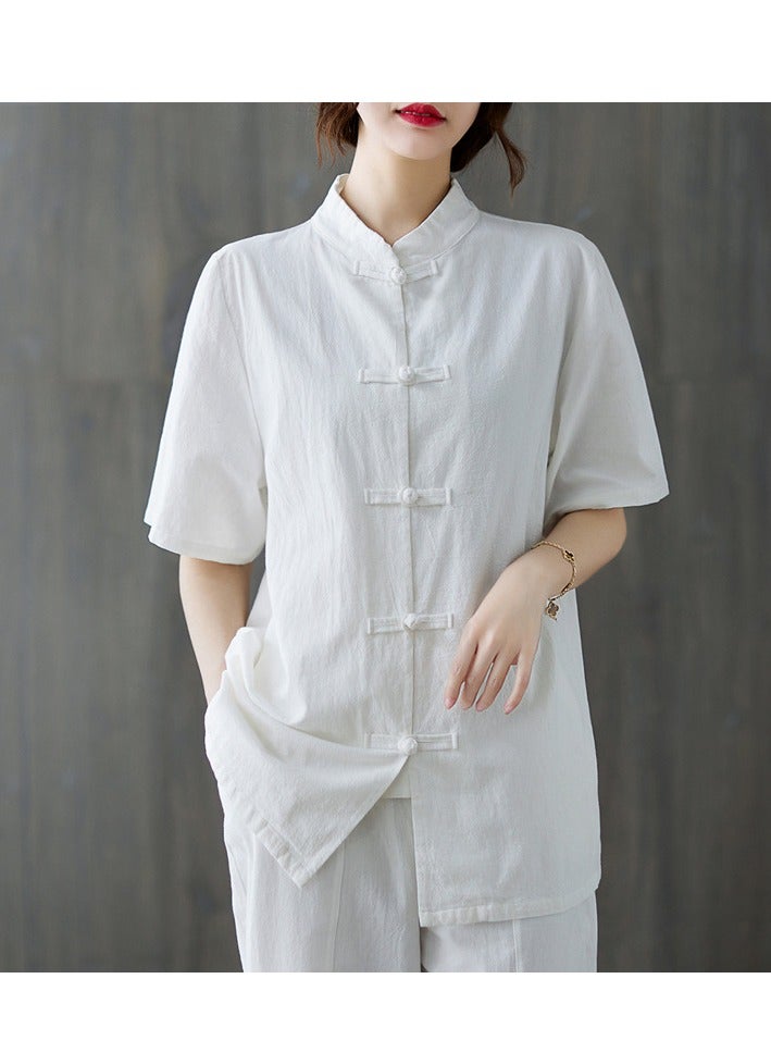 طقم بدلة تانغ صيني من القطن والكتان 9066 أبيض بأكمام قصيرة 【بدلة】