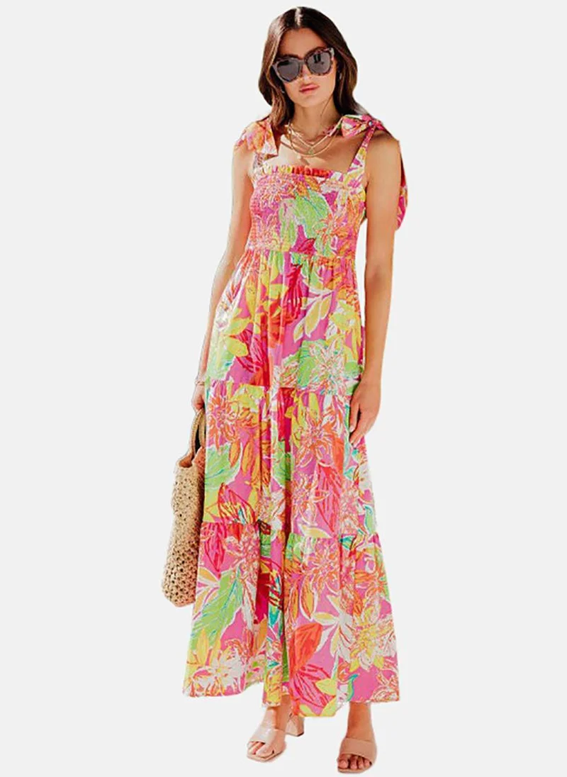 YUNIQEE Pink Floral Printed Smocked Maxi Dress