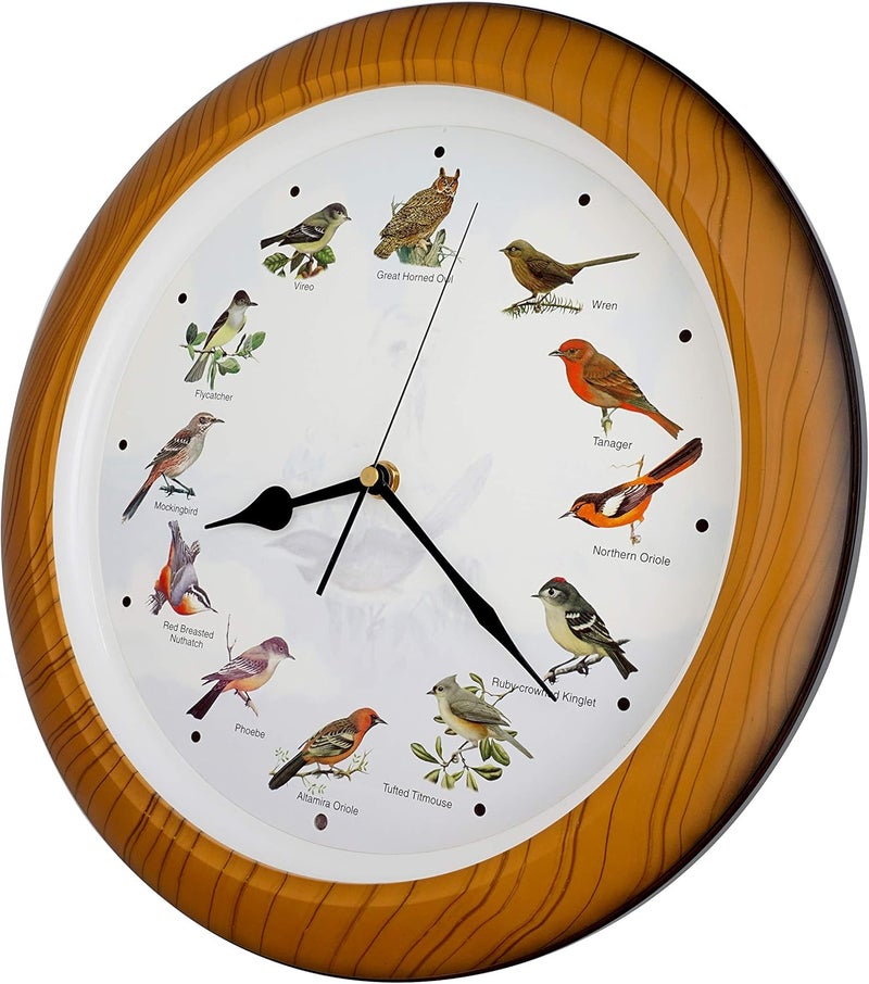 JUSTIME Lovely Collection 14-inch Plays 12 Popular North American Bird's Songs Wall Clock Mantel Clock Home Deco Multicolor(TCBD064 Wooden Grain) - Image 2